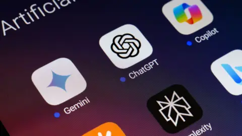 A phone screen with the app icons ChatGPT, Copilot, Gemini and Perplexity displayed