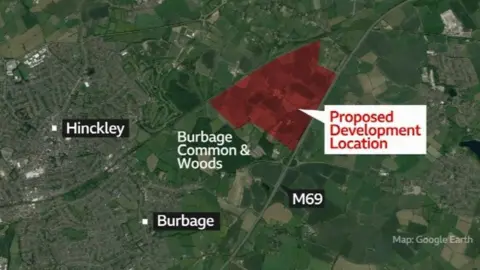 Google A map showing the HNRFI site and where it will sit in relation to the M69 and Burbage Common