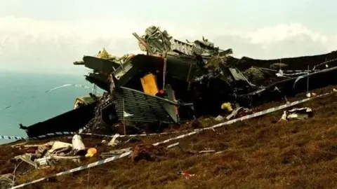 Wreckage of the RAF Chinook on a coastal hillside following the crash on 2 June 1994