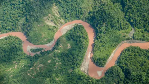 Aerial view of a river with pink waters caused by gold mining pollution.