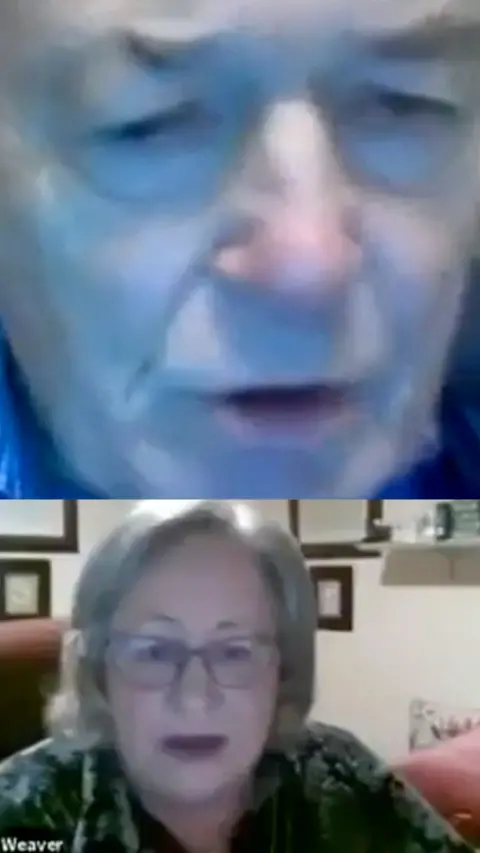 A split screen image of an old man who looks very cross and a grey haired woman wearing glasses talking to the camera