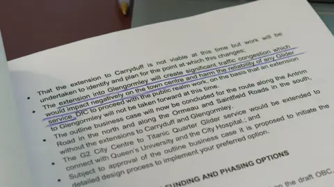 An image showing a page of a briefing paper on proposals to extend the Glider service to Glengormley, with a sentence highlighted that reads: "The extension into Glengormley will create significant traffic congestion which would impact negatively on the town centre and harm the reliability of any Glider service."