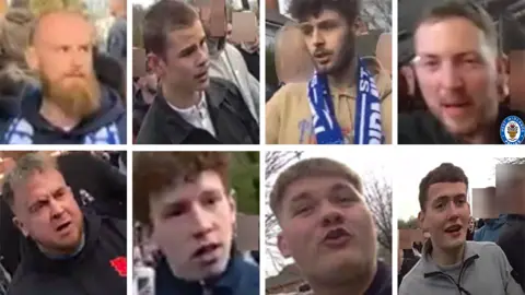 A composite image of eight men, most of them quite young but a couple could be older. Some are wearing football scarves.