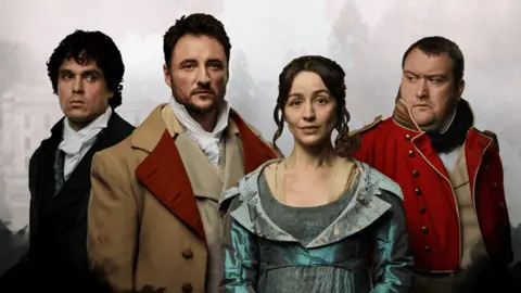 Michael Wharley Three male actors and one female actor in historic Regency outfits