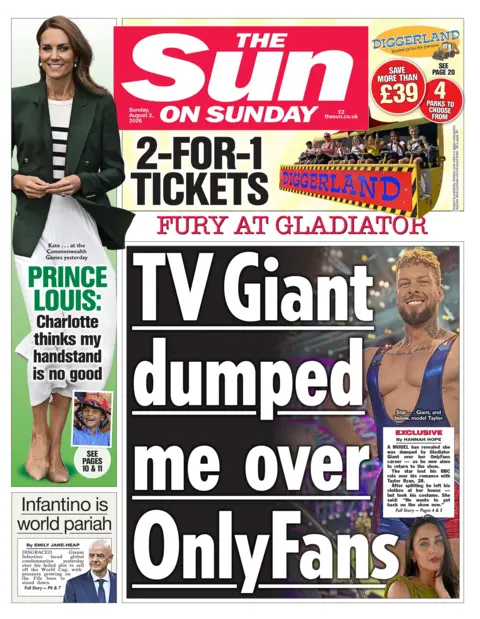The headline on the front page of the Sun on Sunday reads: "TV Giant dumped me over OnlyFans."