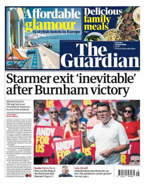 The headline on the front page of the Guardian reads: "Starmer exit 'inevitable' after Burnham victory."