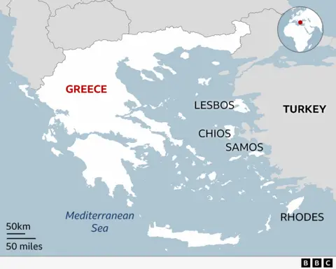 Mao of Greece with islands of Lesbos, Chios, Samos and Rhodes marked