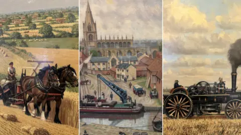 Three paintings side by side. The first on the left is of a shire horse, the second of a barge and the third of a steam-powered piece of farm machinery.