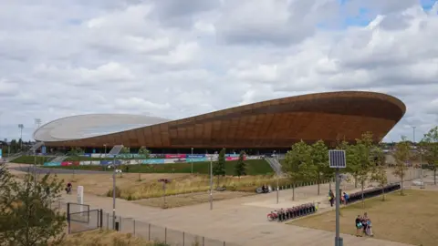 A view on the façadeof the Lee Valley VeloPark, located inside the Queen Elizabeth Olympic Park in London.