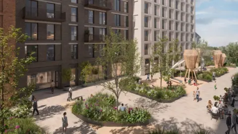 Gensler A CGI image of tall flat buildings surrounding a communal area.
