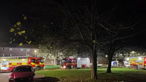 Harry A red car is in the foreground along with two trees. There are three fire engines visible and there is a building on the left hand side of the photo.