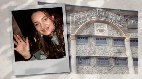 BBC An image of Constance Marten, a young woman with long brown hair smiling and holding a cigarette, next to an image of a building with The Synagogue Church of All Nations written on it