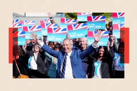 PA Media Reform UK leader Nigel Farage poses outside The Waterford Lodge, Morpeth, in Northumberland, whilst on the local election campaign trail.