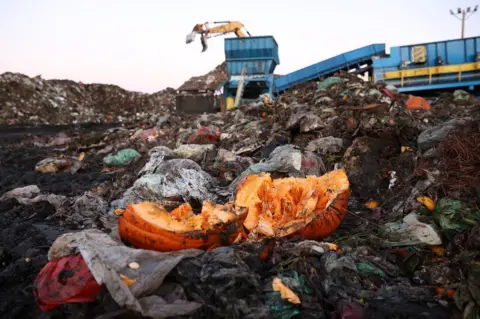 Reuters A rubbish dump with plastic bags and some food, including a smashed pumpkin in the foreground. In the distance you can see the arm of a JCB with open teeth. 