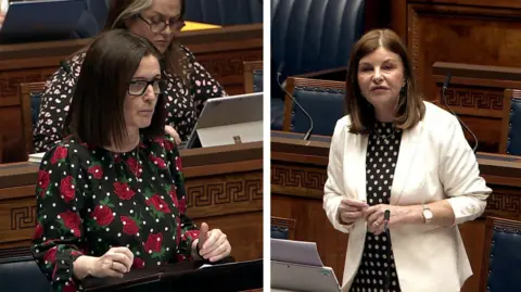 NI Assembly Alliance MLA Paula Bradshaw and SDLP MLA Sinéad McLaughlin pictured in the Northern Ireland Assembly chamber at Parliament Buildings, Stormont