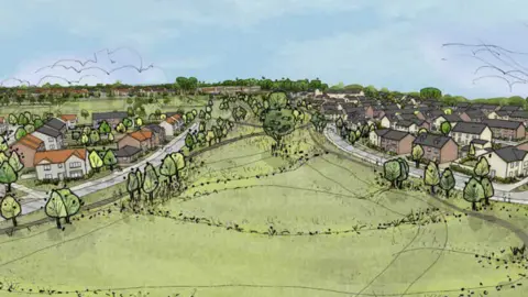 An artist's impression of how the new development could look near Beccles. There is a green open space filled with trees and either side of it are new homes.