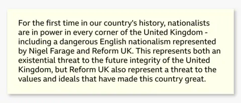 Graphic showing an excerpt from Wes Streeting’s resignation letter reading: "For the first time in our country's history, nationalists are in power in every corner of the United Kingdom - including a dangerous English nationalism represented by Nigel Farage and Reform UK. This represents both an existential threat to the future integrity of the United Kingdom, but Reform UK also represent a threat to the values and ideals that have made this country great."