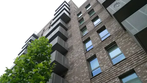Block of flats photographed from below. A green tree is on the left of the picture and the building is made from brown bricks. Balconies and glass windows can be seen on the building.