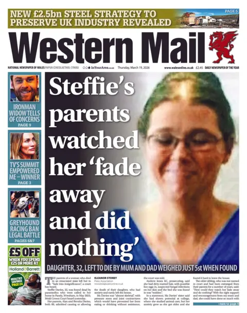 Western Mail Western Mail newspaper front page shows main headline next to a photo of a woman: Steffie's parents watched her 'fade away and did nothing'; Daughter,32, left to die by mum and dad weighed just 5st when found. Other headlines on the front page are: Ironman widow tells of concerns, TV's summit empowered me - winner