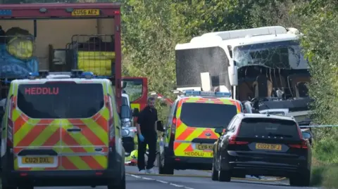 Martin Cavaney A coach with a smashed front windscreen is in bushes. A police officer is walking between two police vehicles parked alongside a lorry, with back doors open, and in front of a black car.