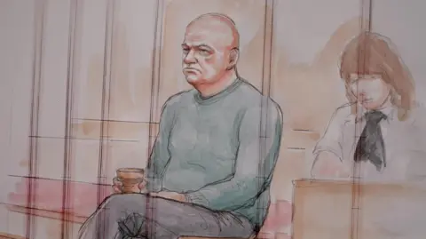BBC/HELEN TIPPER Sketch of court artist Neil Foden sitting in the dock, frowning, one leg crossed over the other and a glass of water in hand.