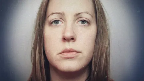 BBC Lucy Letby's constabulary  mugshot, with a graphical attraction    truthful  she appears successful  a spotlight with the corners of the representation  fading to darkness