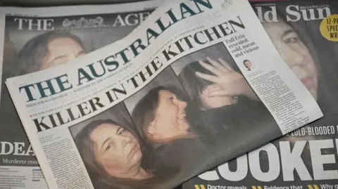EPA The front cover of The Australian newspaper with coverage of Erin Patterson's verdict on the front page is displayed in a newsagent in Morwell.