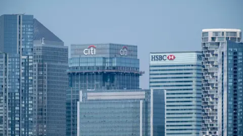 A cityscape of London's financial centre in London showing major bank skyscrapers.