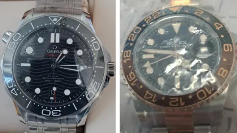 West Mercia Police A silver Omega and silver Rolex watch pictured side by side in a composite image