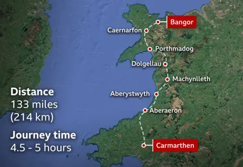 A map of Wales showing the distance and time of a bus journey to Bangor