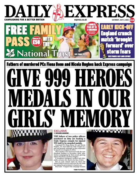 The headline on the front page of the Daily Express reads: “Give 999 heroes medals in our girls memory”.