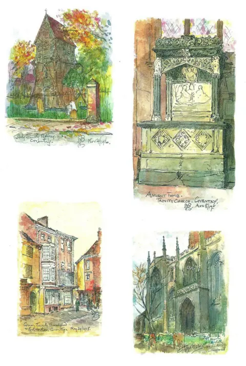 CC, CCBY, Coventry Archives Four small watercolours showing buildings around the city centre