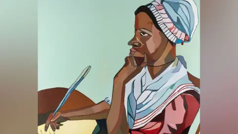 Joy Labinjo's portrait of Phillis Wheatley. She is wearing late 18th Century dress, a white cap on her head and a white kerchief scarf around her shoulders over a pink dress. She is sitting at a table with a quill in her right hand poised above paper. Her left hand is at her chin as she looks into the distance.