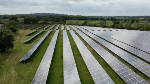 BBC/ Andrew Roberts Solar panels on a field near Frome, seen from the air, on a field ringed by trees