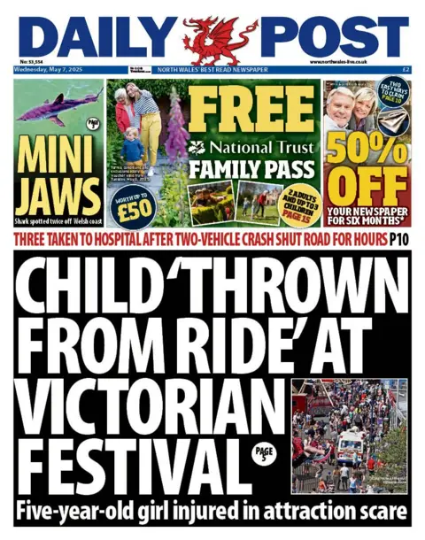 Daily Post Daily Post front page with the main headline reading "Child 'thrown from ride' at Victorian Festival, then a close up picture of a crowd