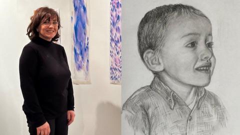 A collage image of Joanne Humphreys, left, standing next to her artwork. The right side of the image shows a black and white sketched portrait of her son. 