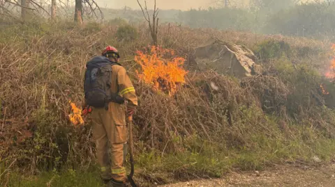 A fire fighter is trying to put out a wildfire. There is a lot of smoke in the air.