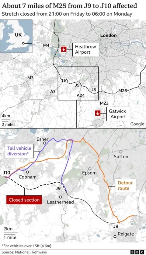 Four diversion routes are in place between Gatwick and Heathrow A map showing where the closures and diversions are