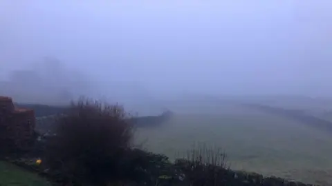 BBC Weather Watchers/Charles Middleton in Teesdale A view looking out to fields delimitated by drystone walls. The scene is covered in thick mist. There are a few bare shrubs in the foreground and a barely visible tree to the left.