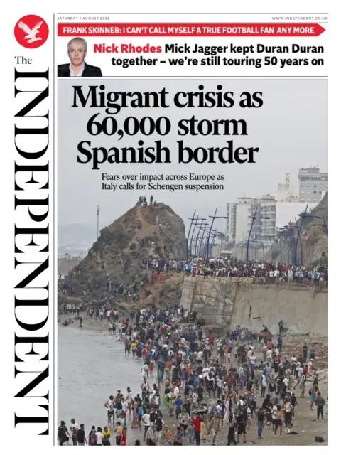 The headline on the front page of the Independent reads: "Migrant crisis as 60,000 storm Spanish border."