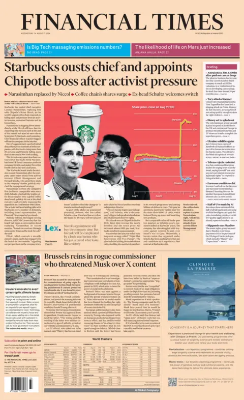 The headline on the front page of the Financial Times reads: “Starbucks ousts chief and appoints Chipotle boss after activist pressure”