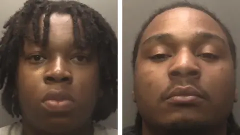 Custody images of Omari Johnson-Thomas and Tyreique Hislop. The man on the left has short braids while the man on the right has short hair
