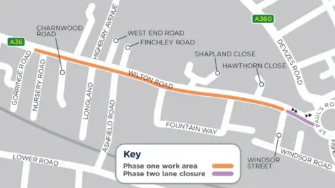 SGN Gas A map showing Wilton Road with an orange line indicating phase one work and a smaller purple line indicating phase two work
