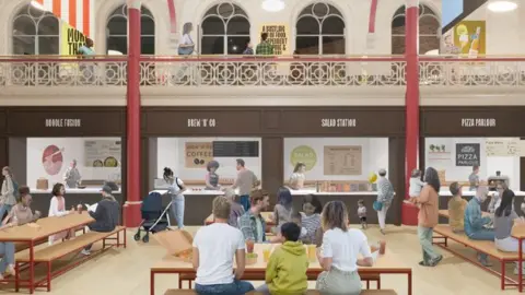 Derby City Council Artist's impression of people sitting eating at tables and benches in front of food court stalls selling pizza and coffee.