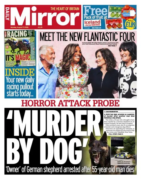 The headline on the front page of the Daily Mirror reads: "Murder by dog."