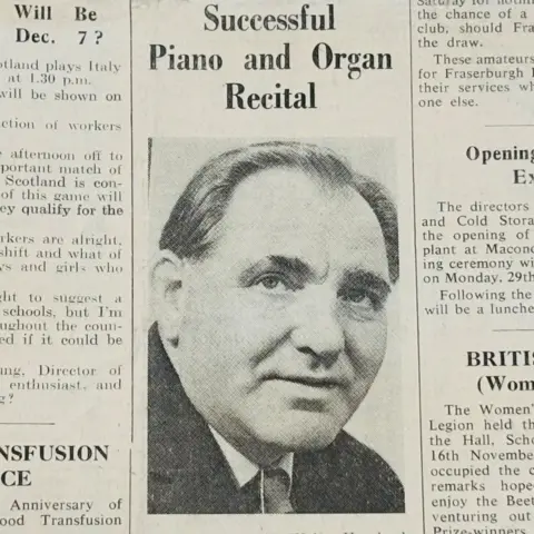 Fraserburgh Herald/Fraserburgh Library Newspaper cutting showing Walter Hambock, under a headline 'successful piano and organ recital'.