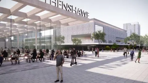 Manchester City Council Artists impression of new shopping centre which shows a large glass building with the word Wythenshawe in large letters on the canopy roof. People are sitting on picnic benches in a pedestrianised courtyard. In the background there is another grey building with the words Culture Hub written across it