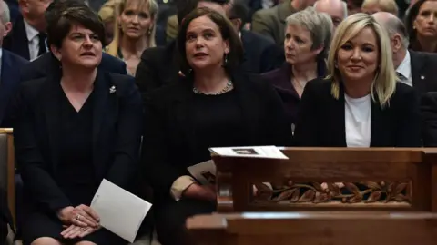 Getty Dame Arlene Foster pictured beside Sinn Féin leader Mary Lou McDonald and First Minister of Northern Ireland Michelle O'Neill