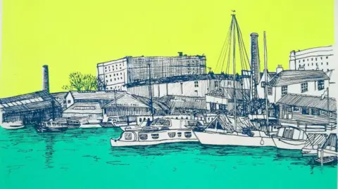 A biro sketch of Bristol harbour looking towards the Underfall Yard and Tobacco Factory. The mid section of the drawing is a black and white sketch, the water below is a turquoise colour, and the sky is a light lime green