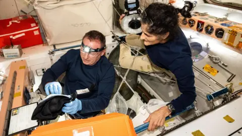 NASA Butch and Suni carry out an experiment: Butch uses a lighthouse and blue surgical gloves. He is sitting in a type of well and seems to be looking inside a black bag. Suni hangs right on him, looking at what he is doing. 